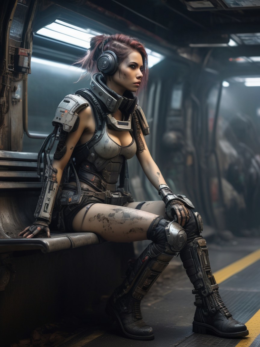 Futuristic Female Character in Dim Subway Setting