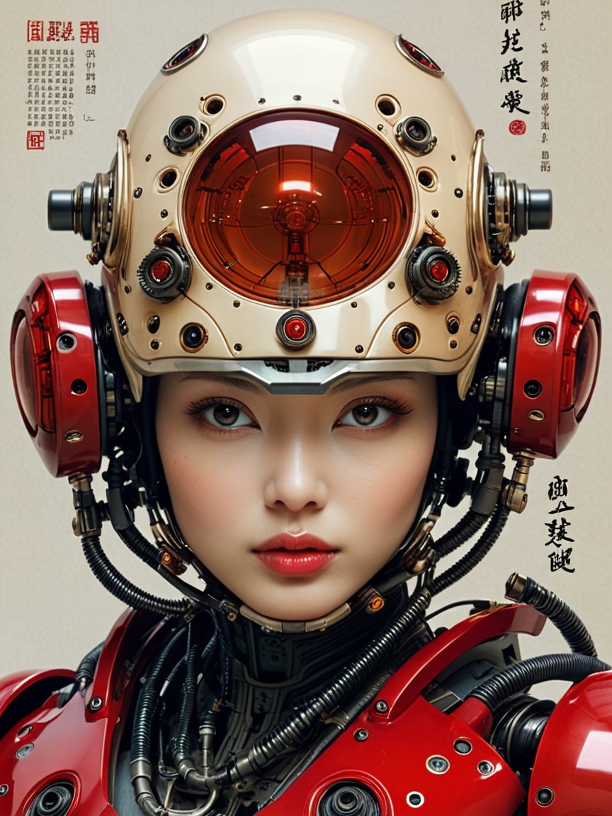 Close-up of an Asian woman in a detailed robotic suit