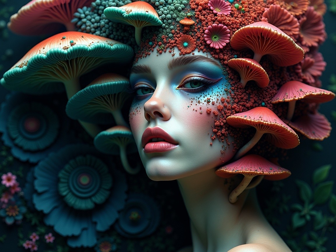 Surreal Portrait of a Woman with Vibrant Mushrooms