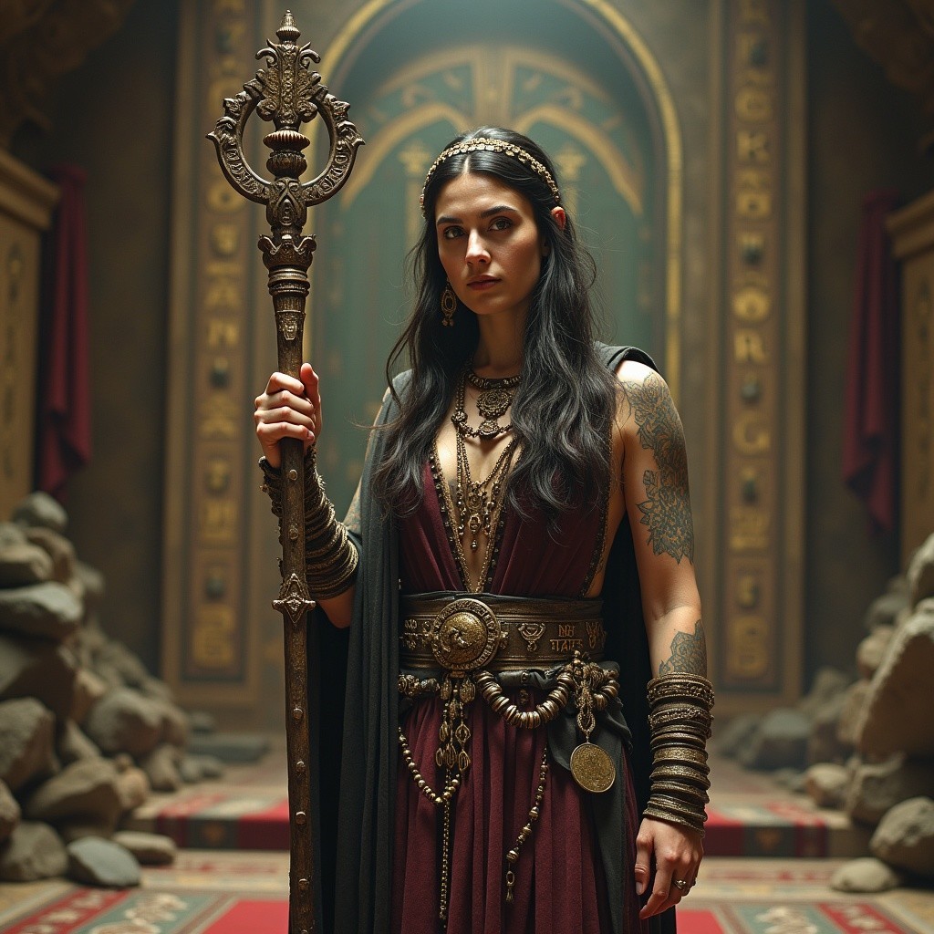 Regal Figure in Burgundy Gown with Gold Jewelry