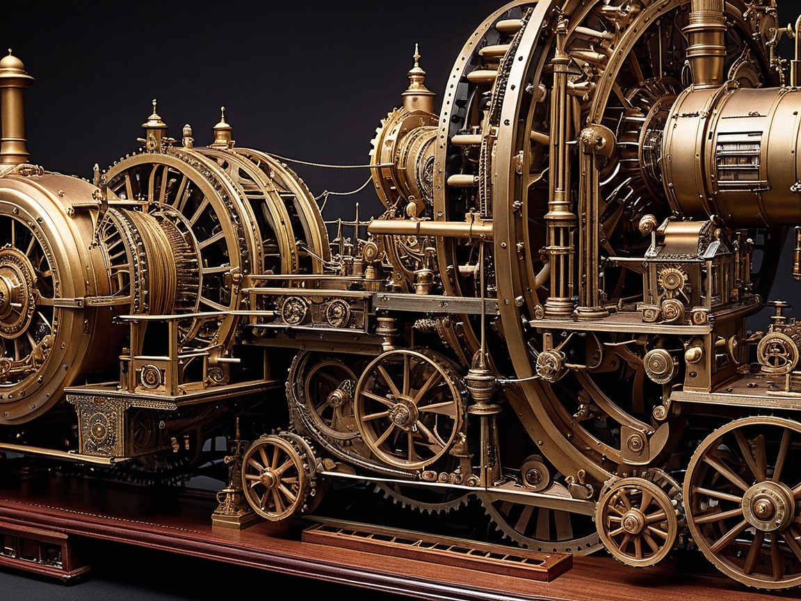 Intricate Steampunk Model with Brass Gears and Turbines