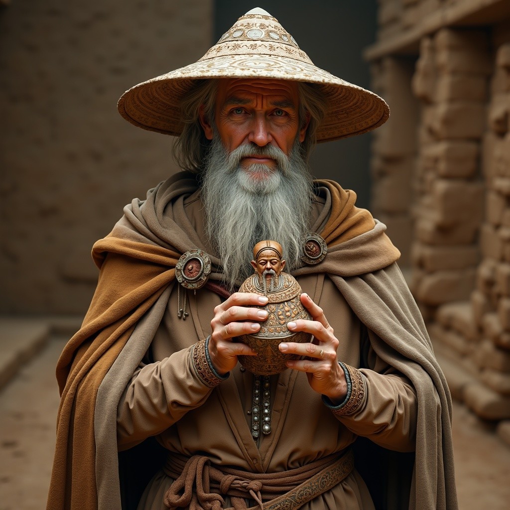 Elderly Man in Cloak with Pottery Urn in Ancient Setting
