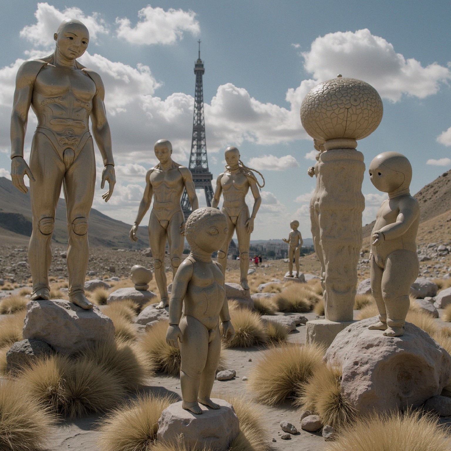 Surreal Landscape with Golden Humanoid Statues and Eiffel Tower