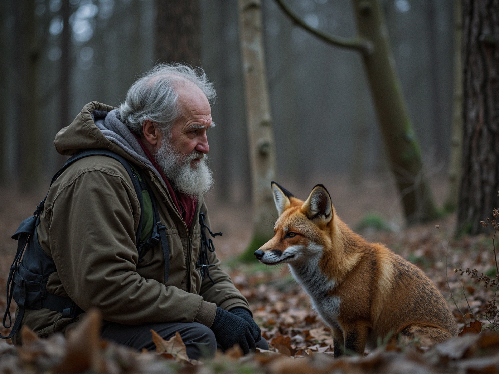 Forest Scene: Elderly Man with Fox in Misty Woods