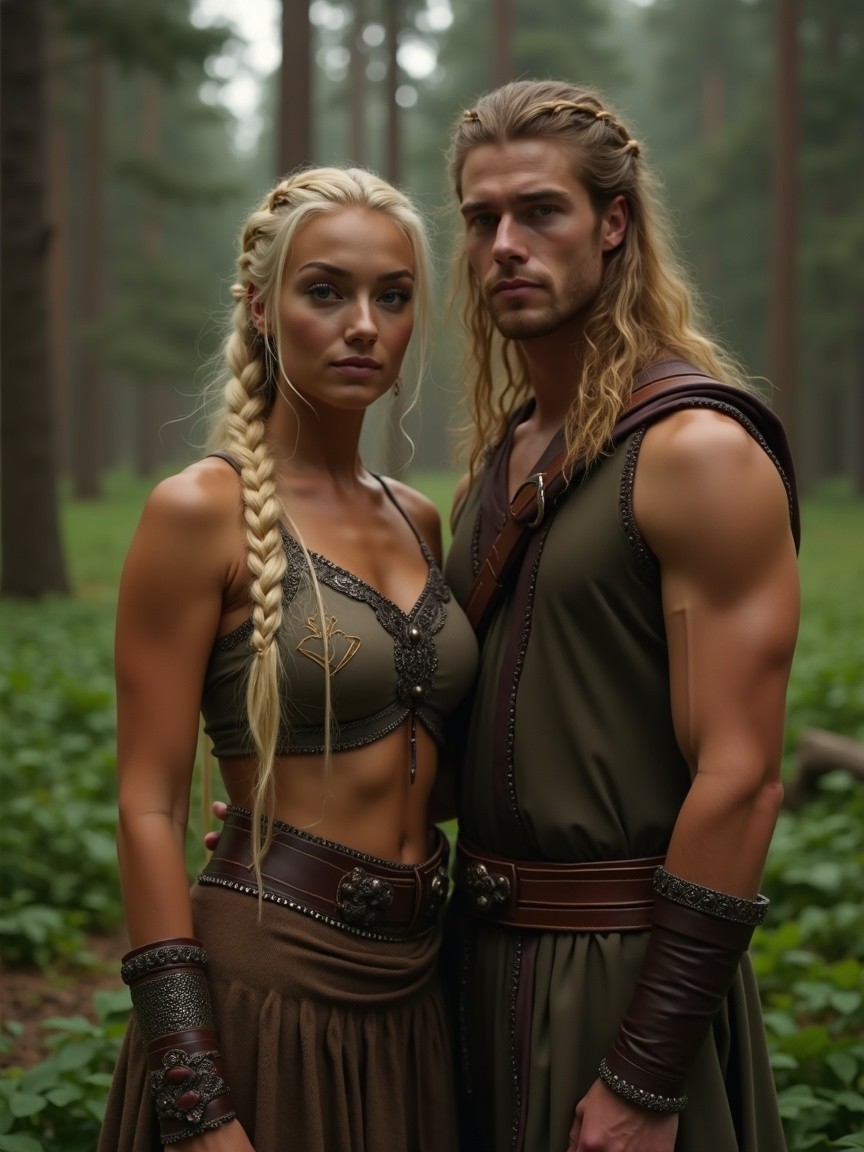 Warrior Couple in a Misty Forest Setting