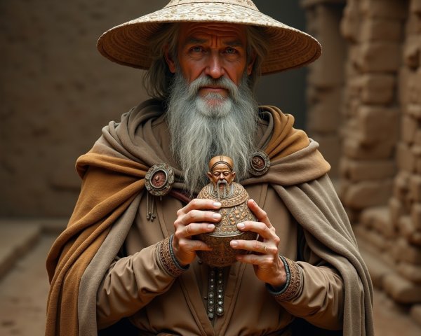 Elderly Man in Cloak with Pottery Urn in Ancient Setting