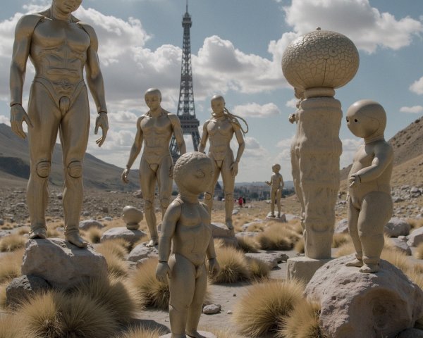 Surreal Landscape with Golden Humanoid Statues and Eiffel Tower