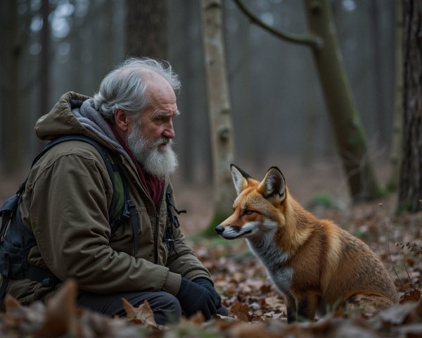 Forest Scene: Elderly Man with Fox in Misty Woods