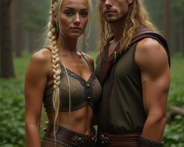 Warrior Couple in a Misty Forest Setting