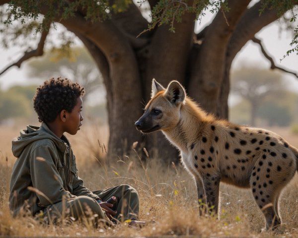 Young Boy and Hyena in Serene African Landscape