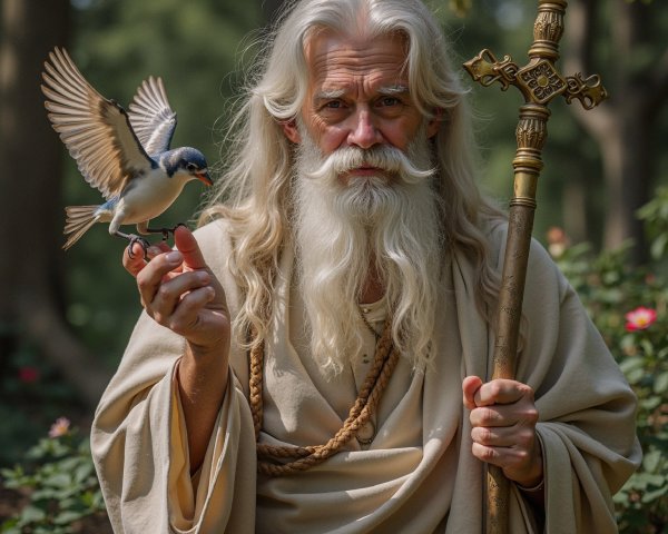 Elderly Man in Robe with Bird in Serene Forest