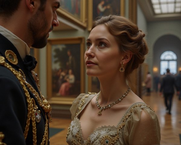 Regal Couple in Elegant Gallery with Classic Art