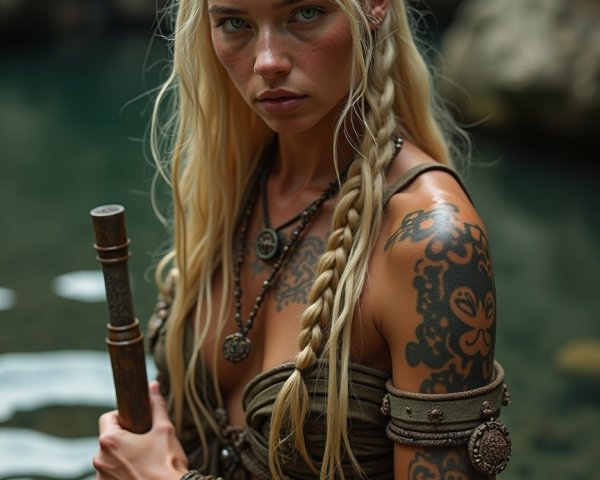Fierce warrior by tranquil water with intricate tattoos