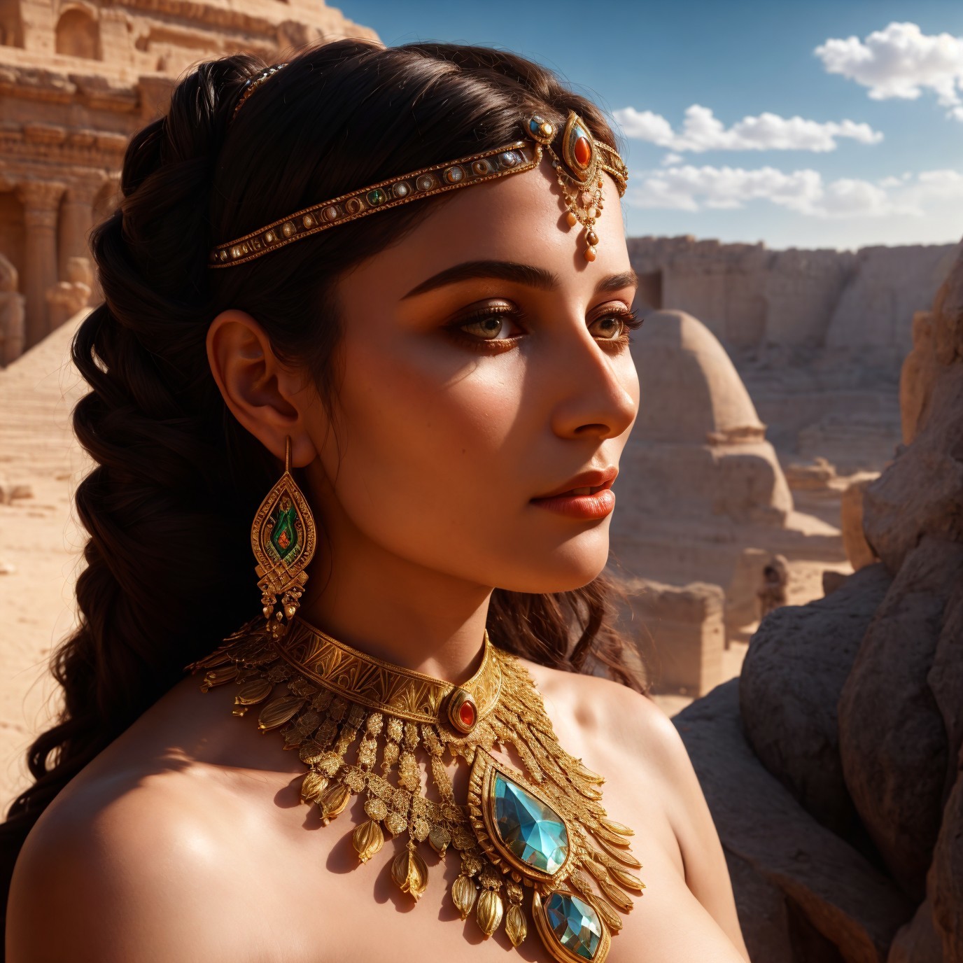 Elaborate golden jewelry on woman against desert temple backdrop