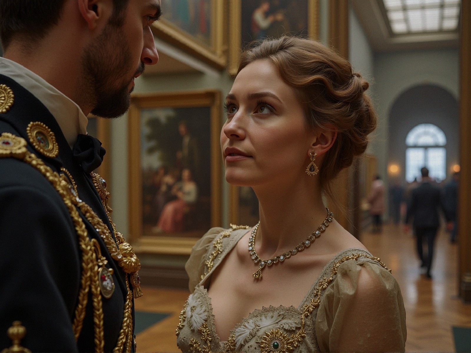 Regal Couple in Elegant Gallery with Classic Art