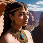 Elaborate golden jewelry on woman against desert temple backdrop