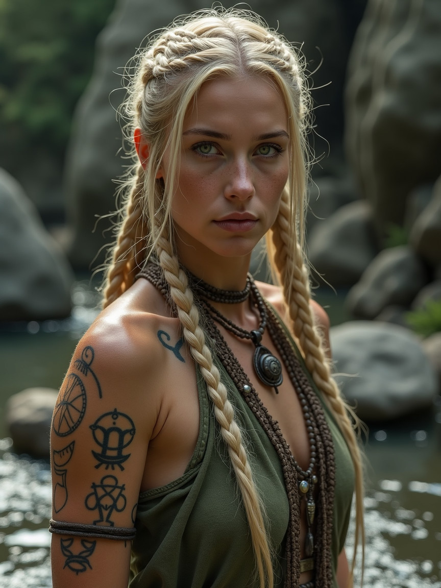 Young woman by a serene river with lush greenery