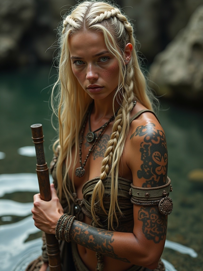 Fierce warrior by tranquil water with intricate tattoos