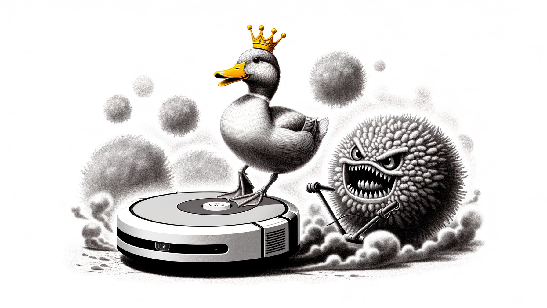 Cartoon Duck on Vacuum with Germ Character Illustration
