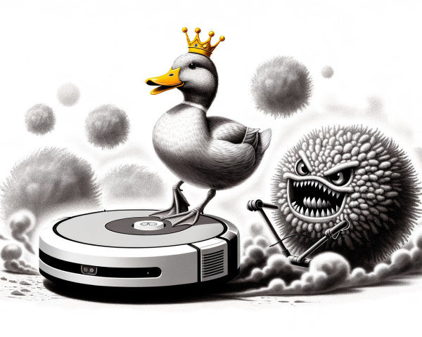 Cartoon Duck on Vacuum with Germ Character Illustration