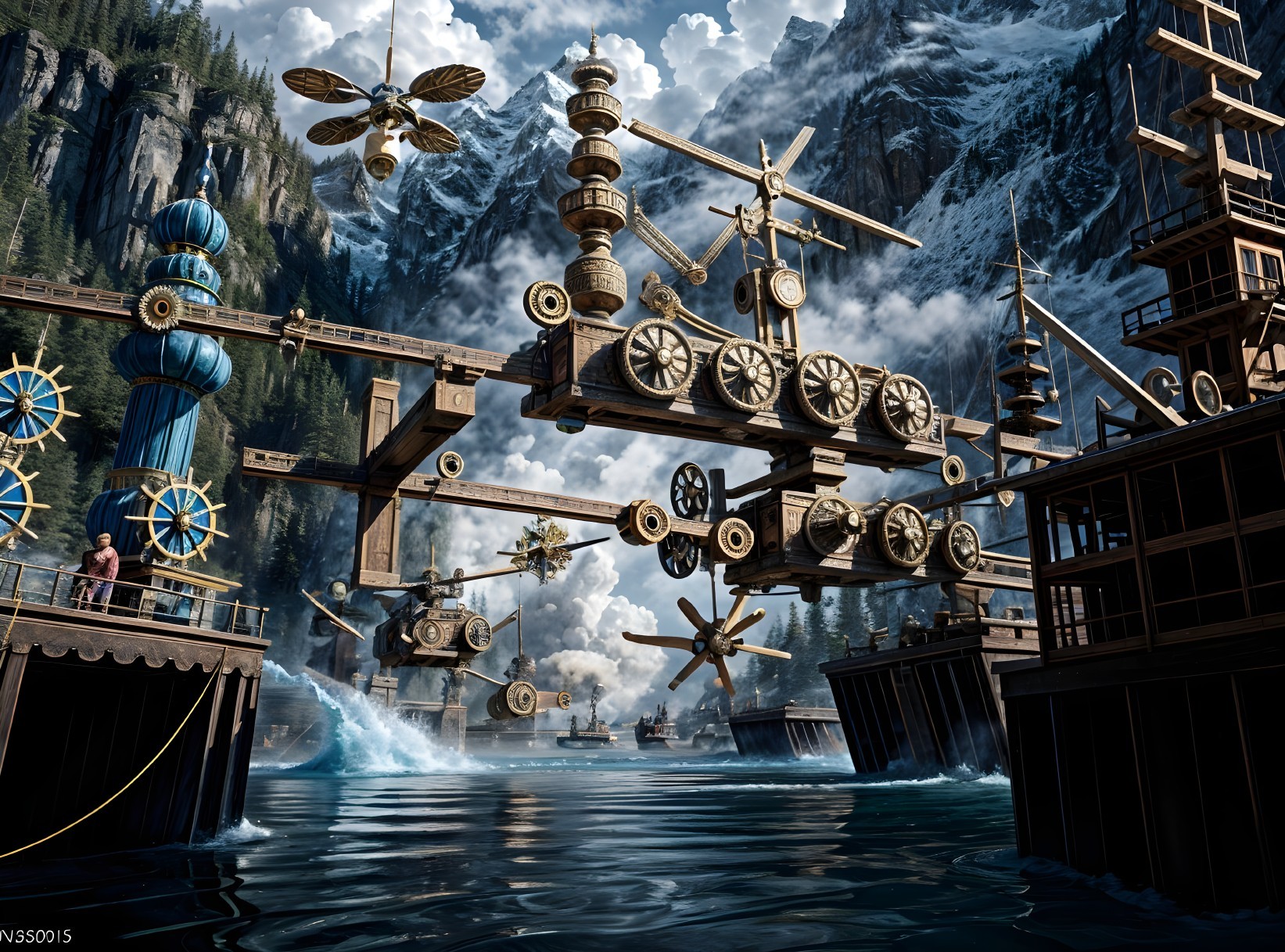 Steampunk Airships Over Lake with Mountain Backdrop