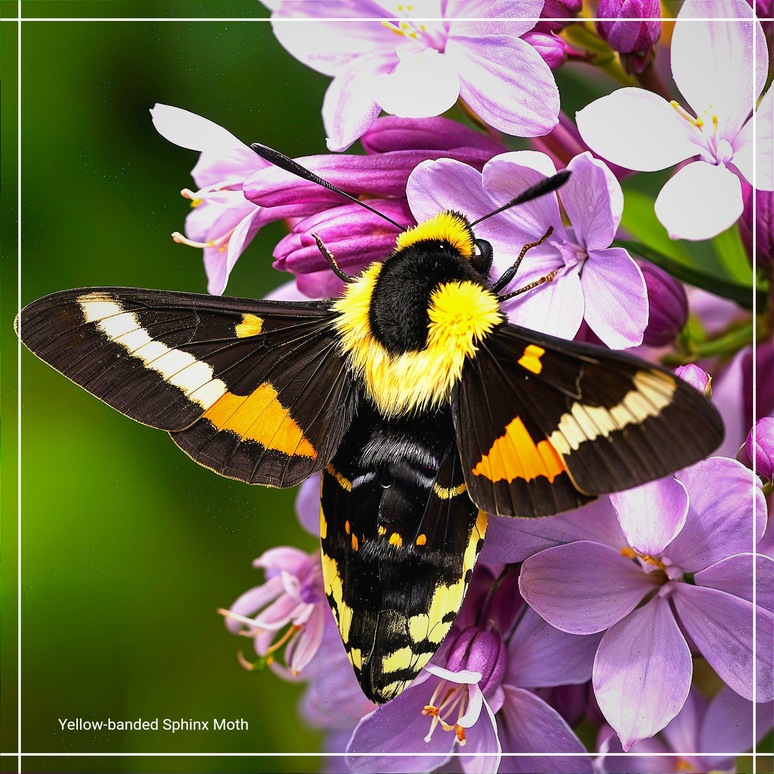 Yellow-banded Sphinx Moth on Purple Flowers