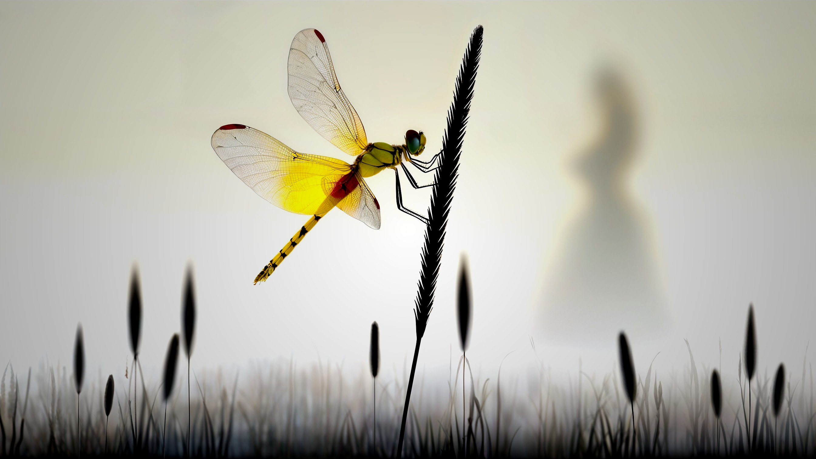 Delicate dragonfly on grass with ethereal background