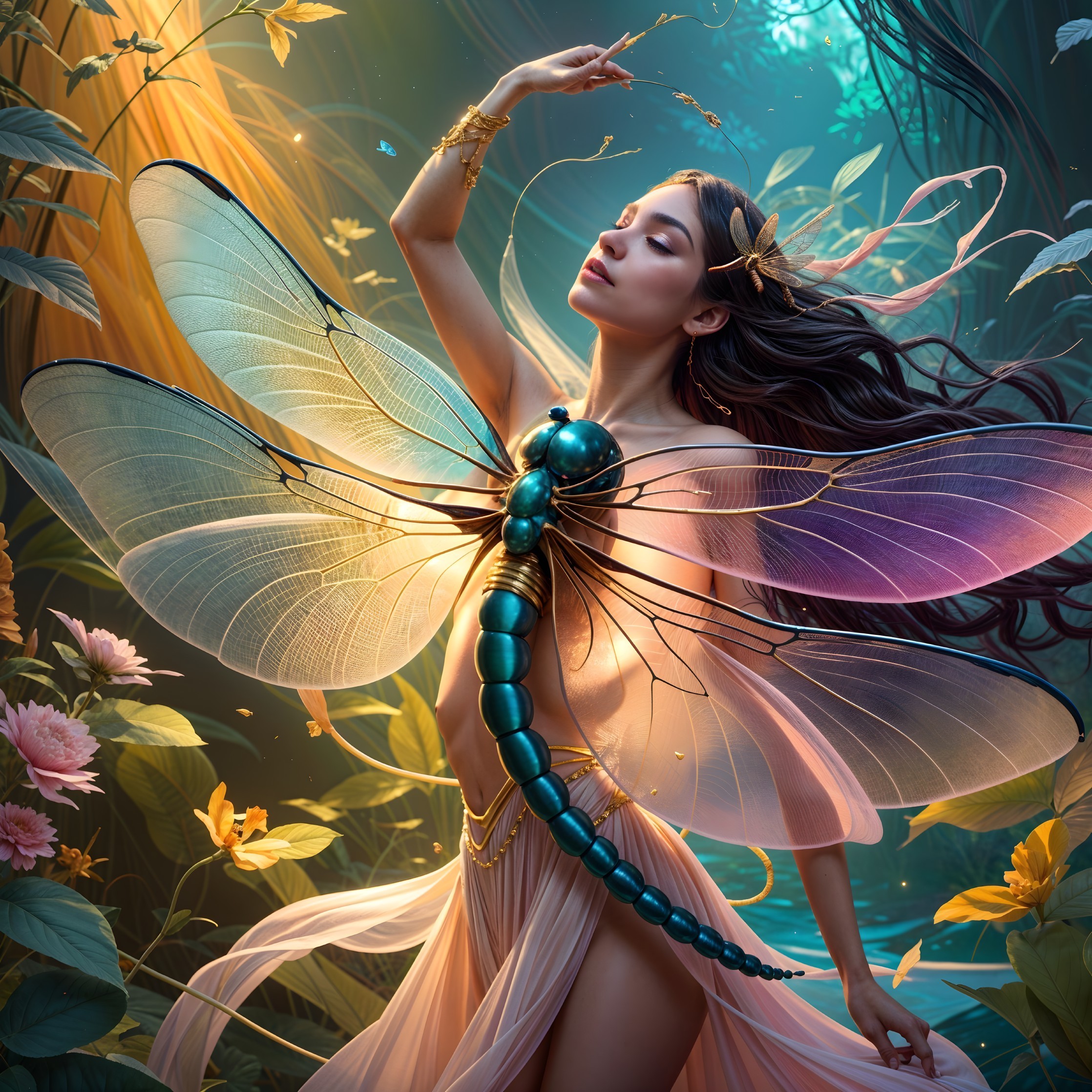Mystical woman with dragonfly wings in enchanted forest