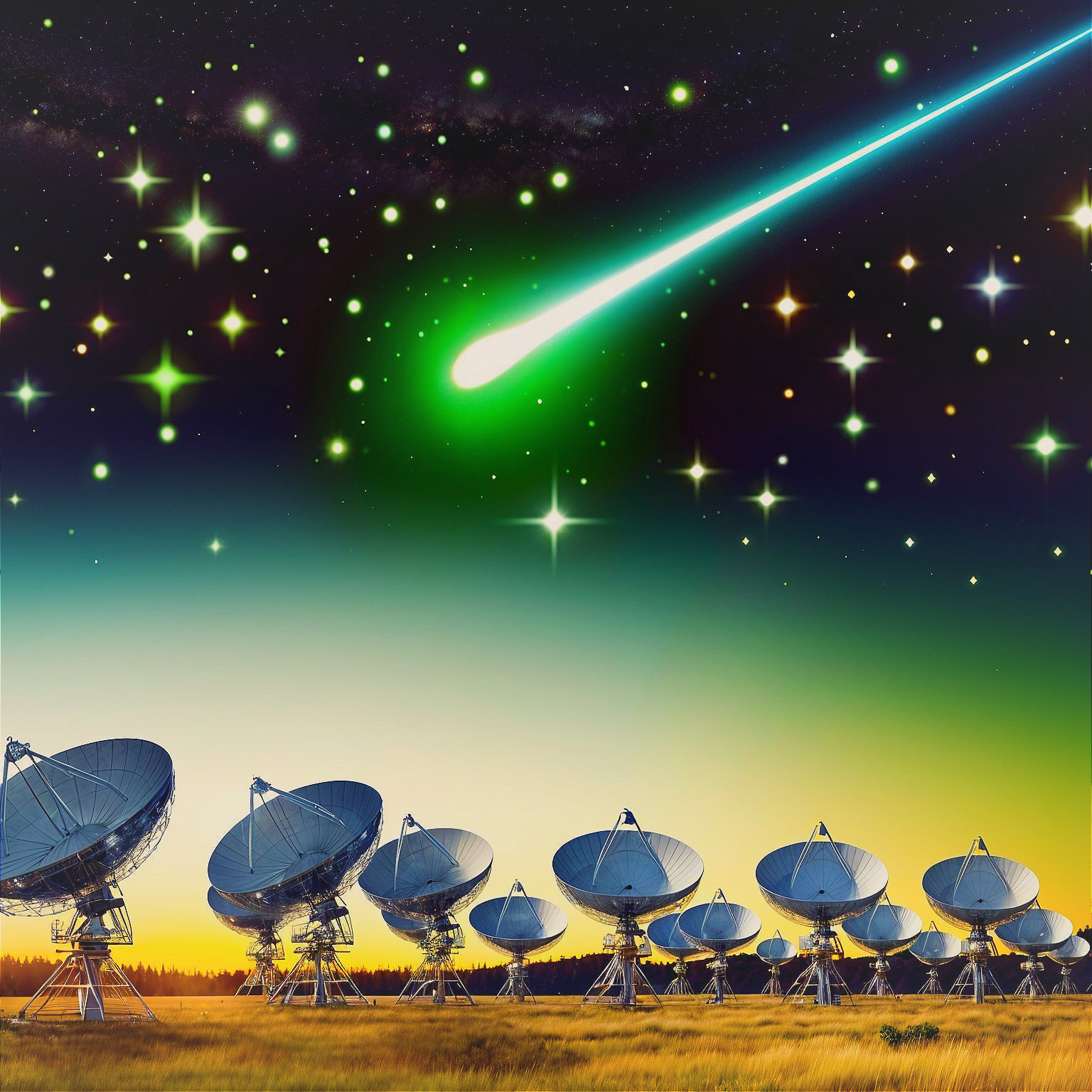 Satellite Dishes Against Gradient Sky and Comet