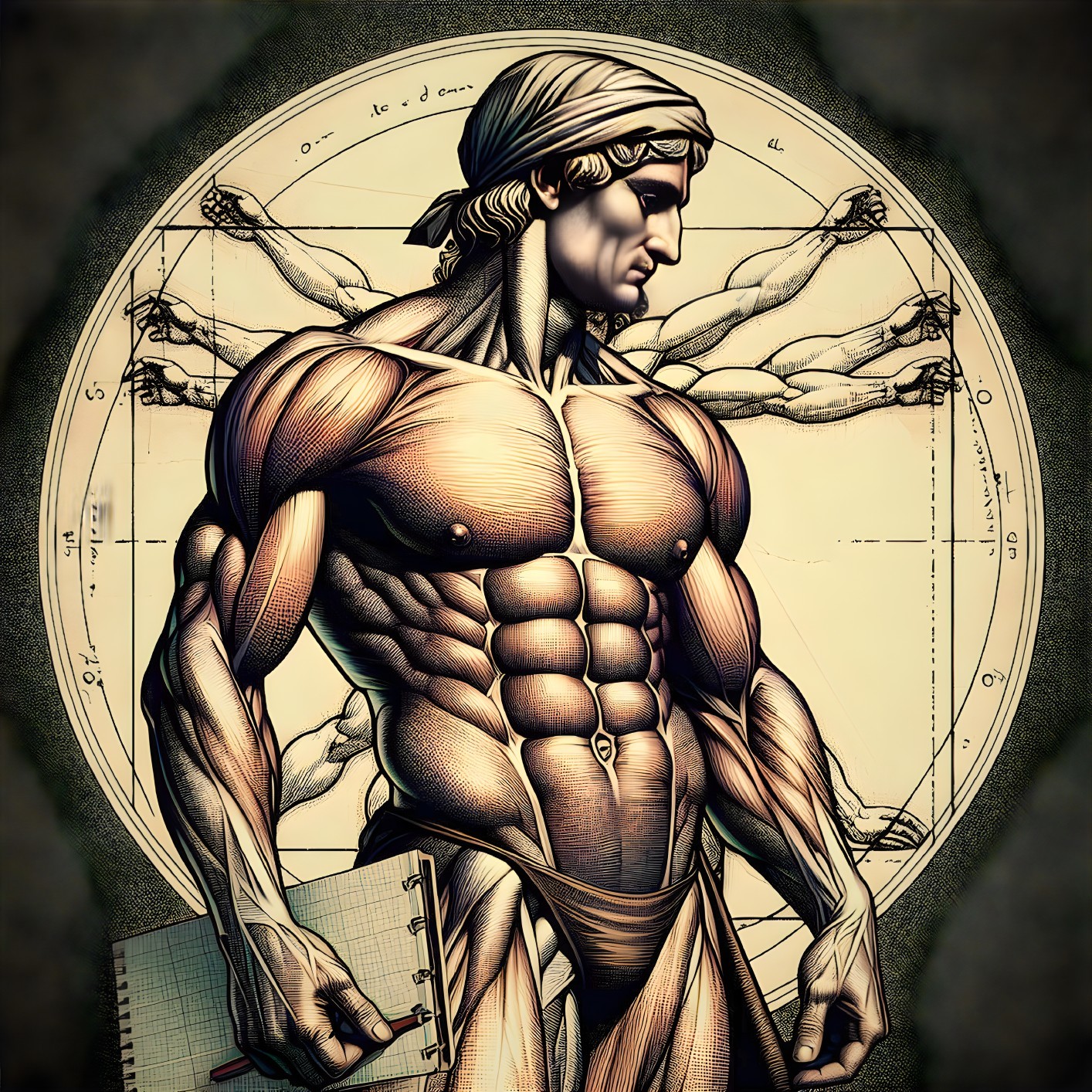 Muscular Male Figure with Da Vinci Inspired Design