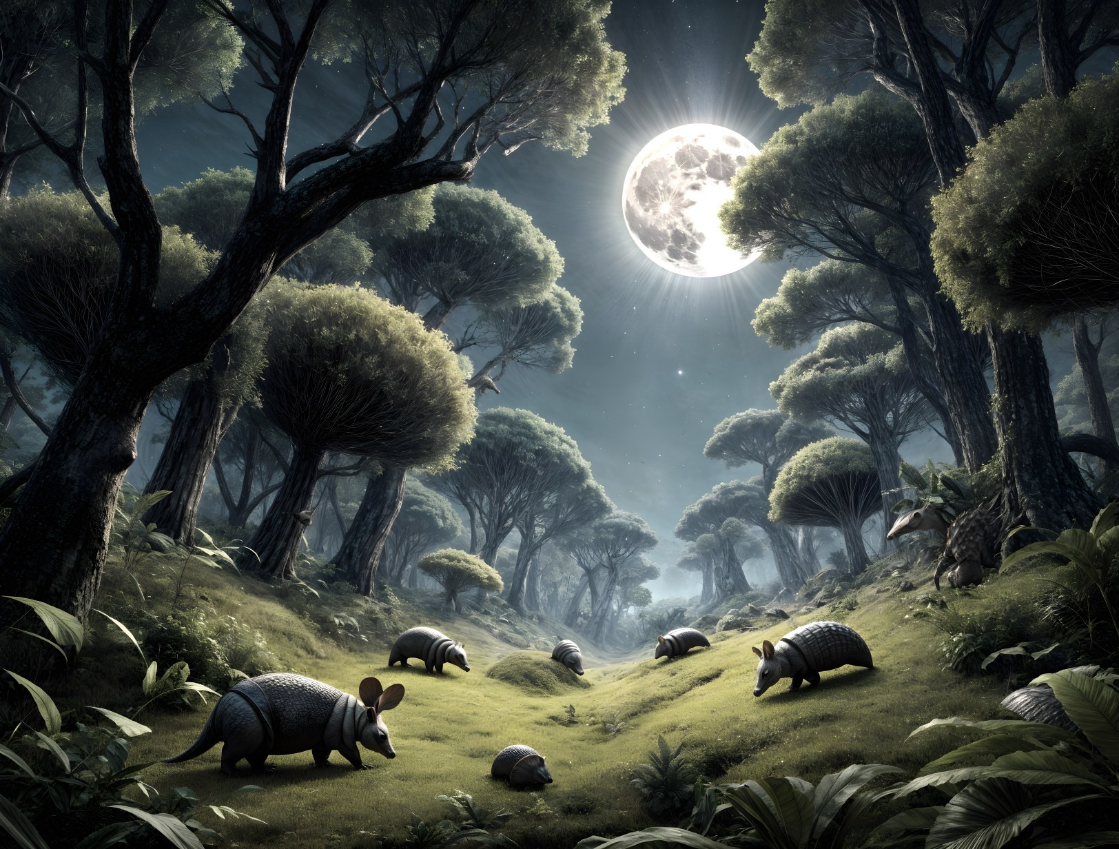 Mystical Forest with Armadillos and Moonlit Foliage