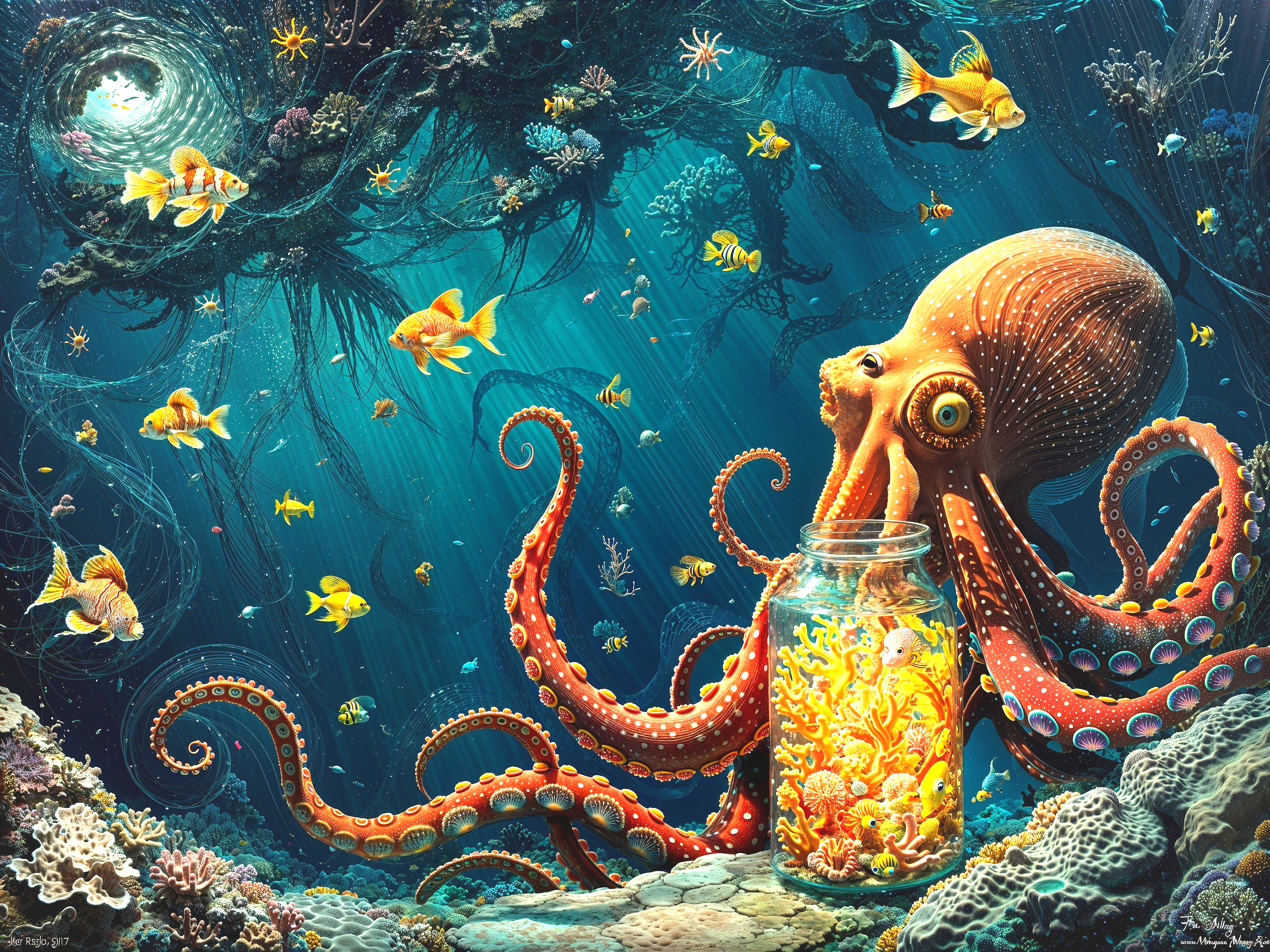 Underwater Scene with Octopus and Colorful Coral