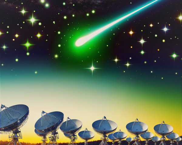 Satellite Dishes Against Gradient Sky and Comet