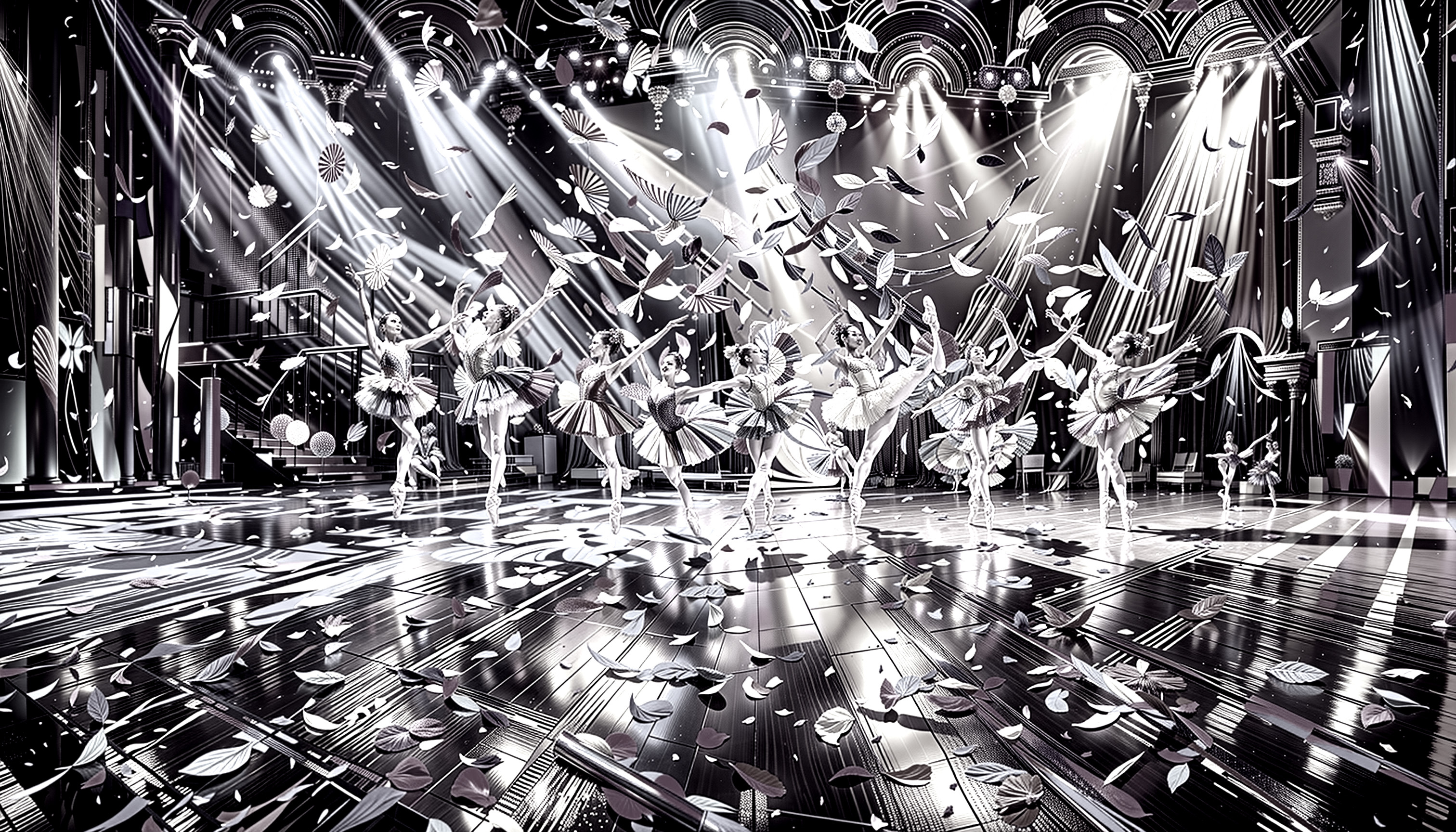 Dance Performance with Spotlights and Ballerinas