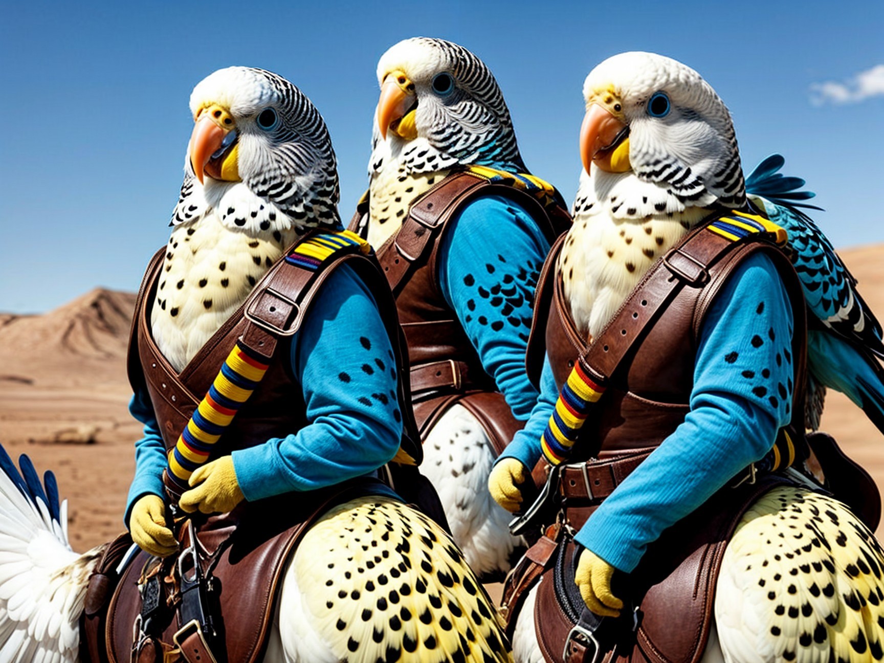 Colorful Budgerigars in Desert Landscape with Vests