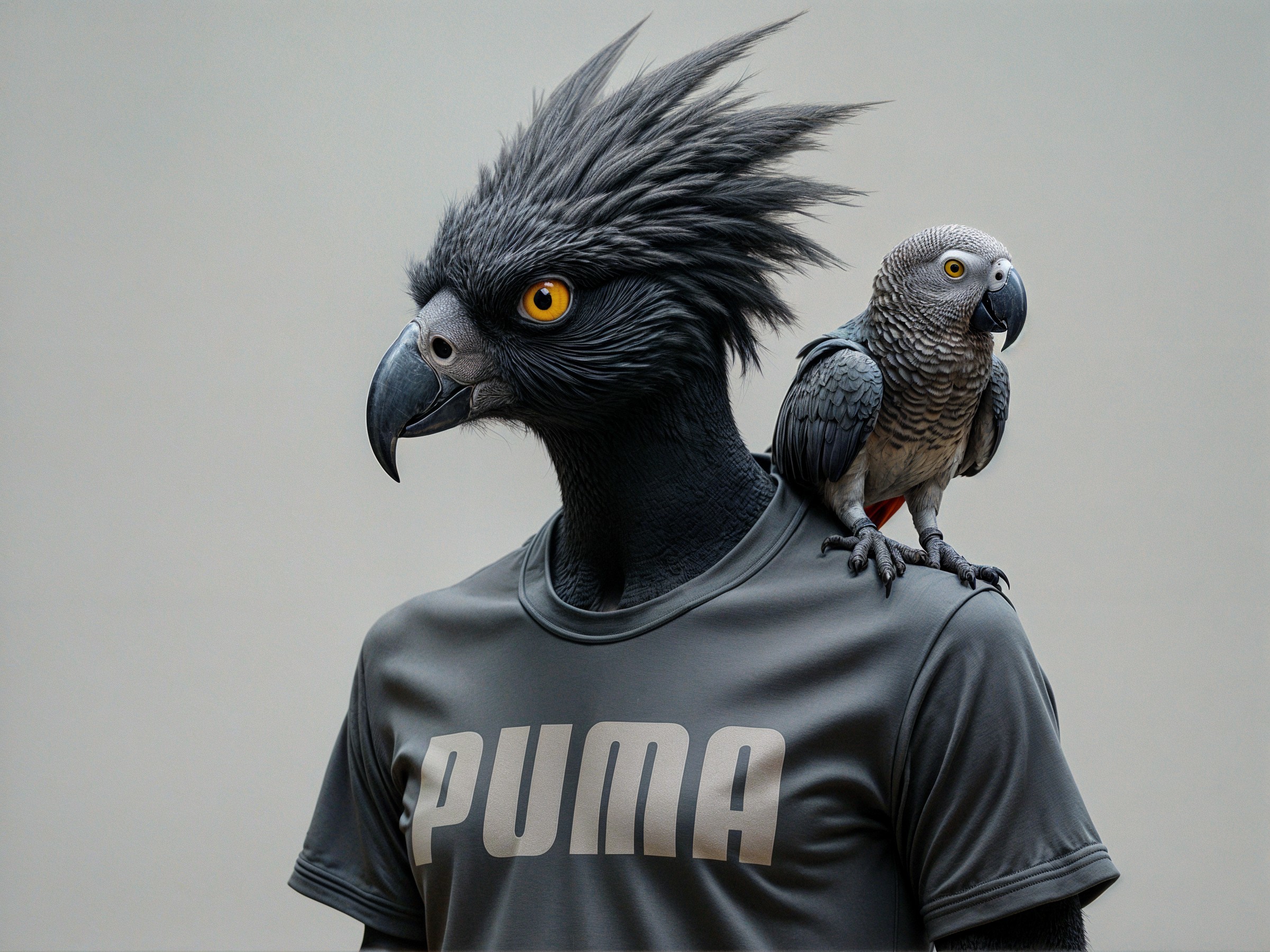 Humanoid Figure with Bird-Like Head and Parrot
