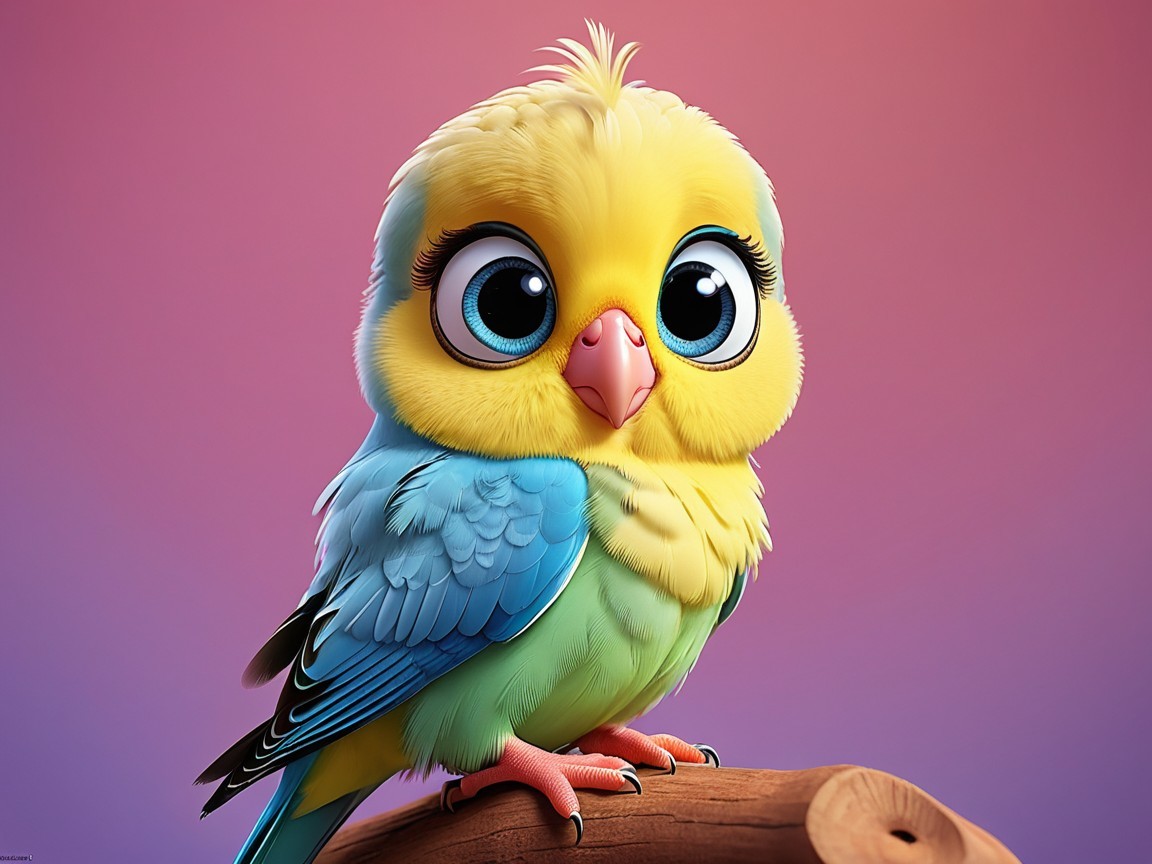 Cartoonish parakeet on a wooden perch with colors