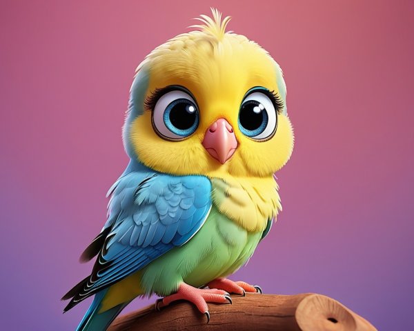 Cartoonish parakeet on a wooden perch with colors