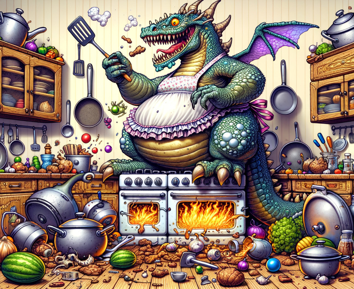 Whimsical Dragon Cooking in a Chaotic Kitchen Scene