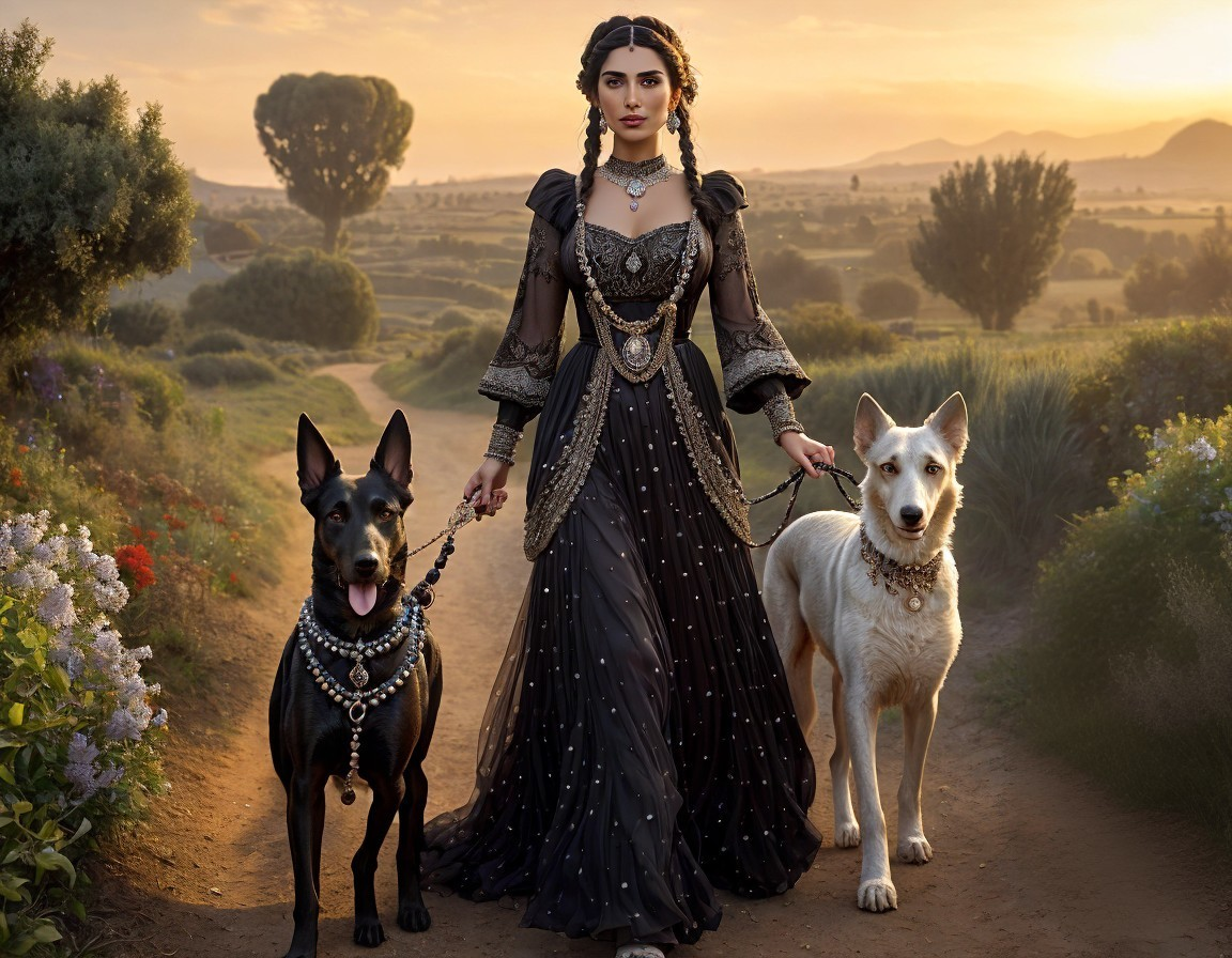 Woman in Black Gown with Dogs at Sunset Path