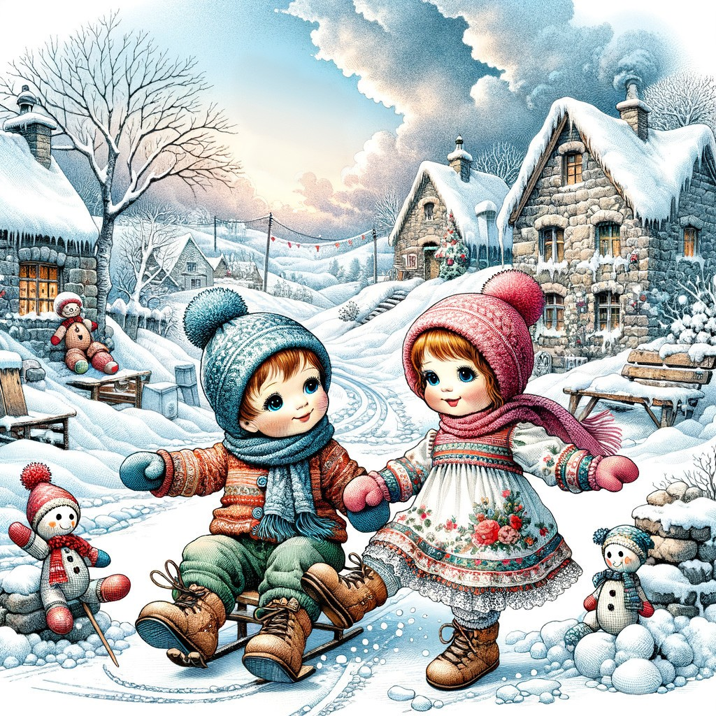 Vibrant winter scene with children on sled and snowmen