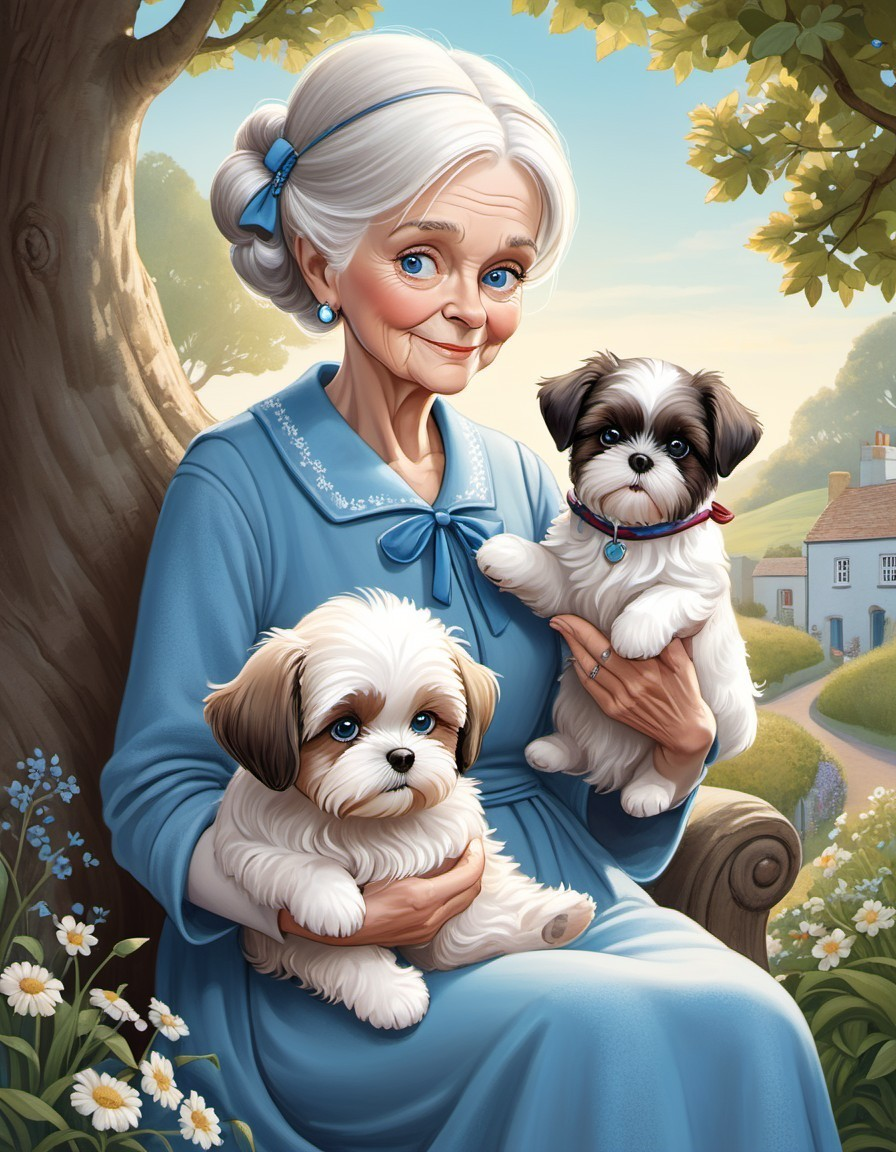 Elderly woman in blue dress with two Shih Tzu puppies in sunny countryside