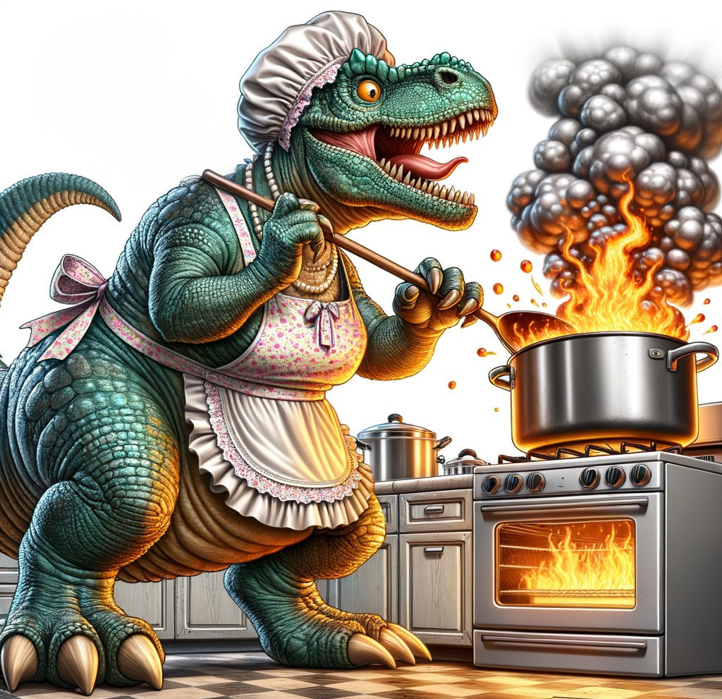 Cartoon T-Rex Cooking in a Chaotic Kitchen Scene
