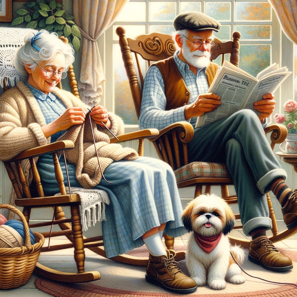 Elderly Couple Knitting and Reading Newspaper with Dog