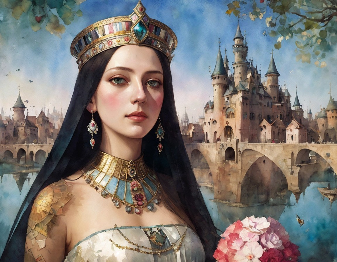 Regal lady in crown and royal attire with flowers in front of castle.