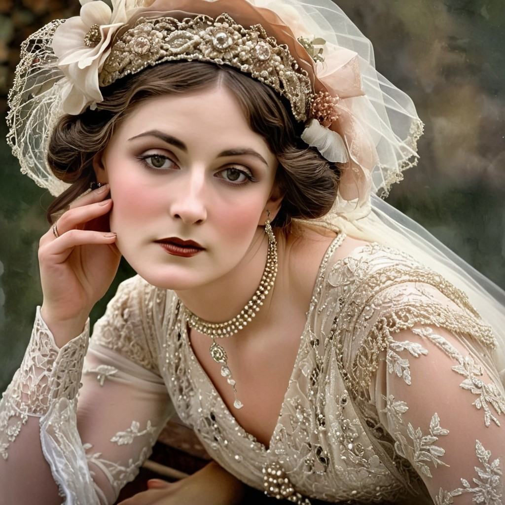 Elegant Woman with Intricate Hairstyles and Gown