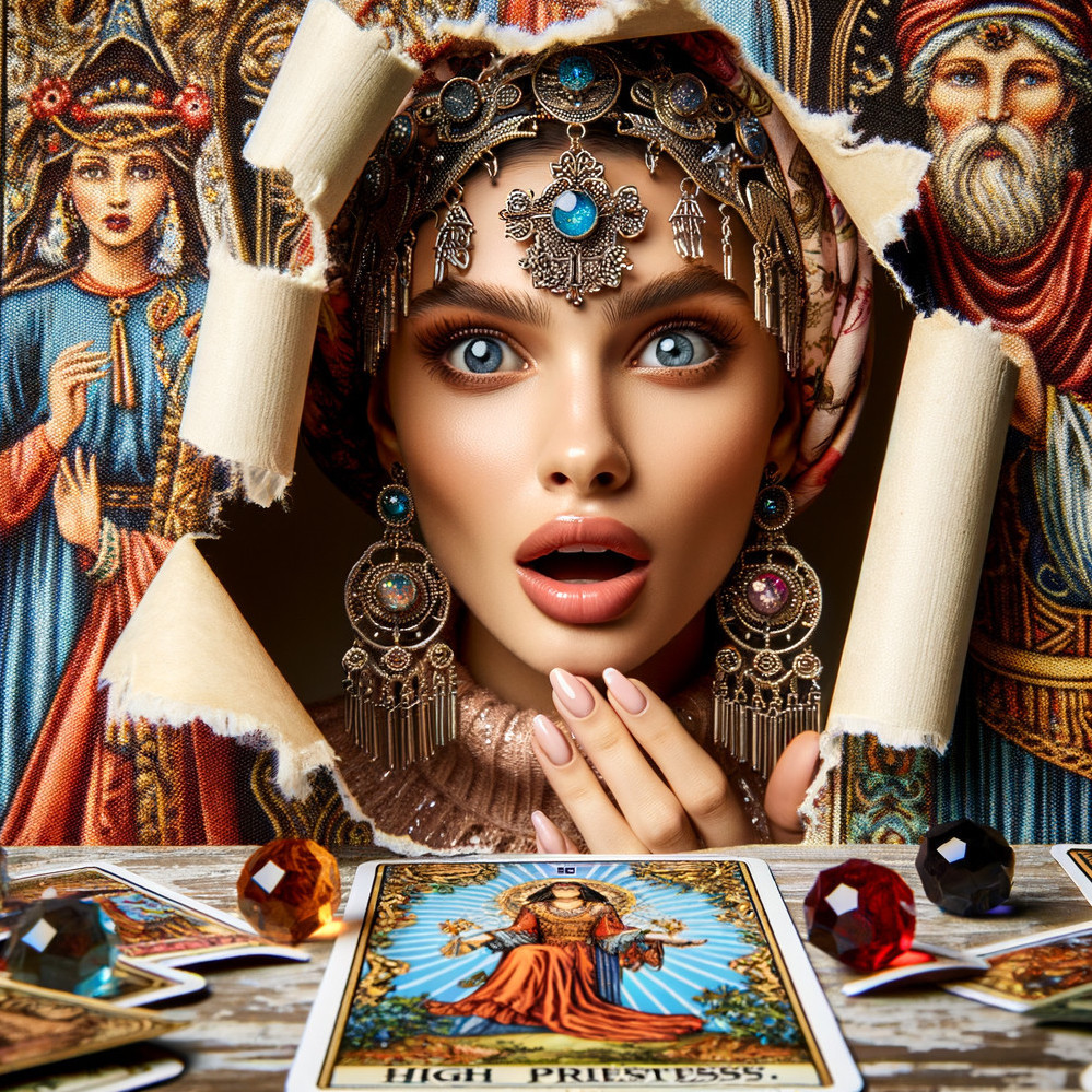 Woman with Striking Makeup and Jewelry Surrounded by Tarot Cards and Mystical Illustrations