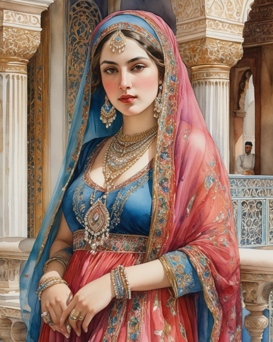 Regal Woman in Vibrant Embroidered Outfit and Jewelry