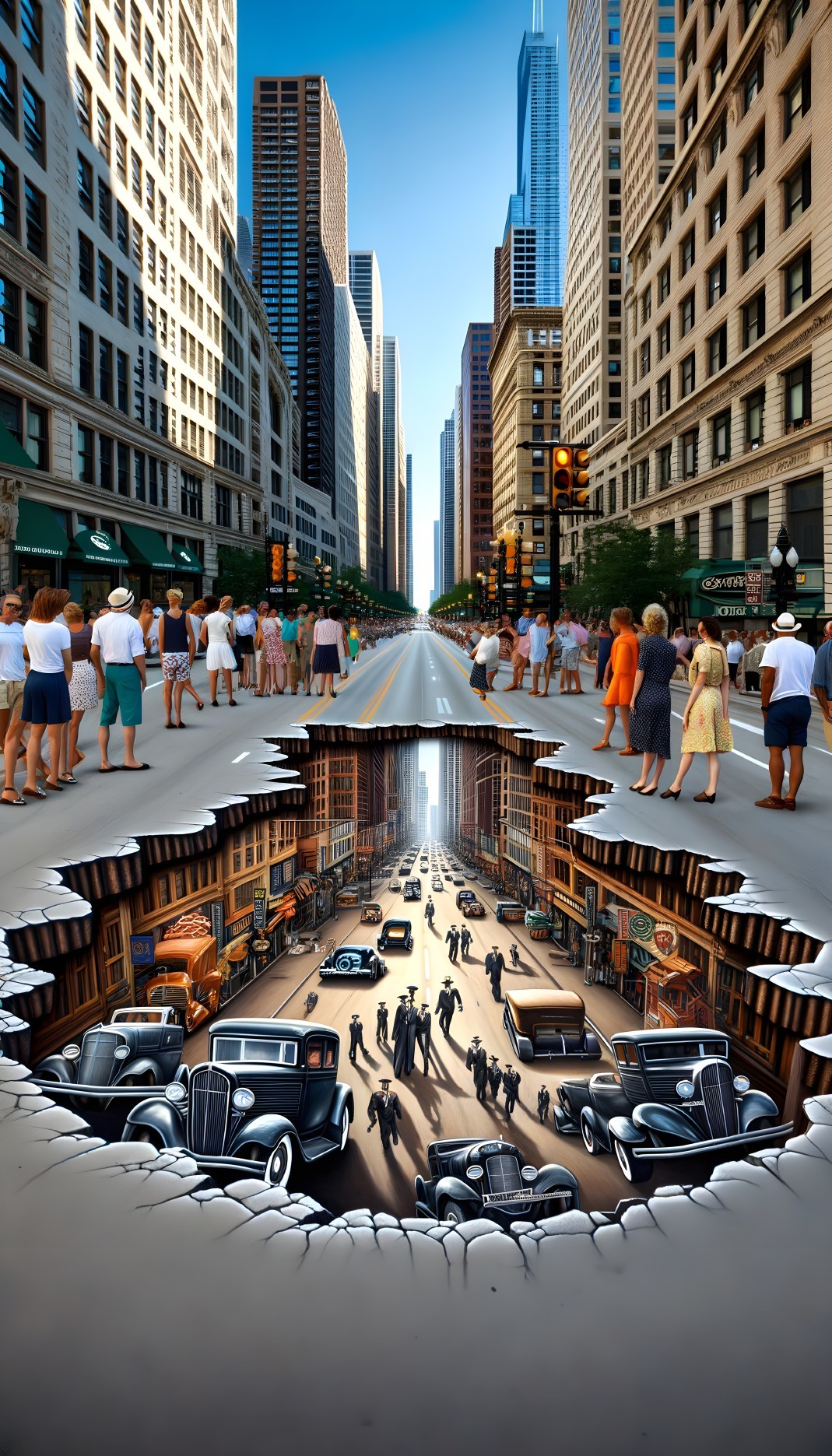 Surreal city street scene with vintage sepia cityscape below