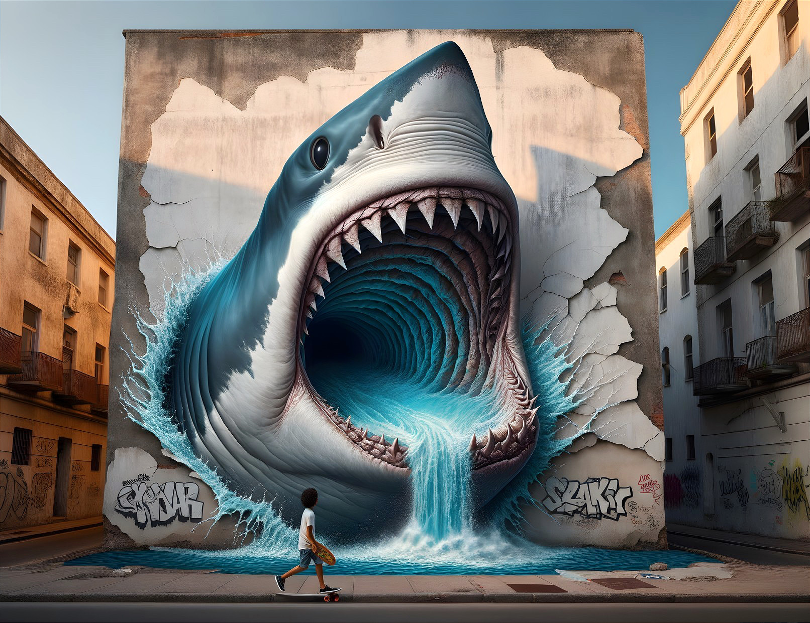 Giant shark mural on building wall with skateboarder.